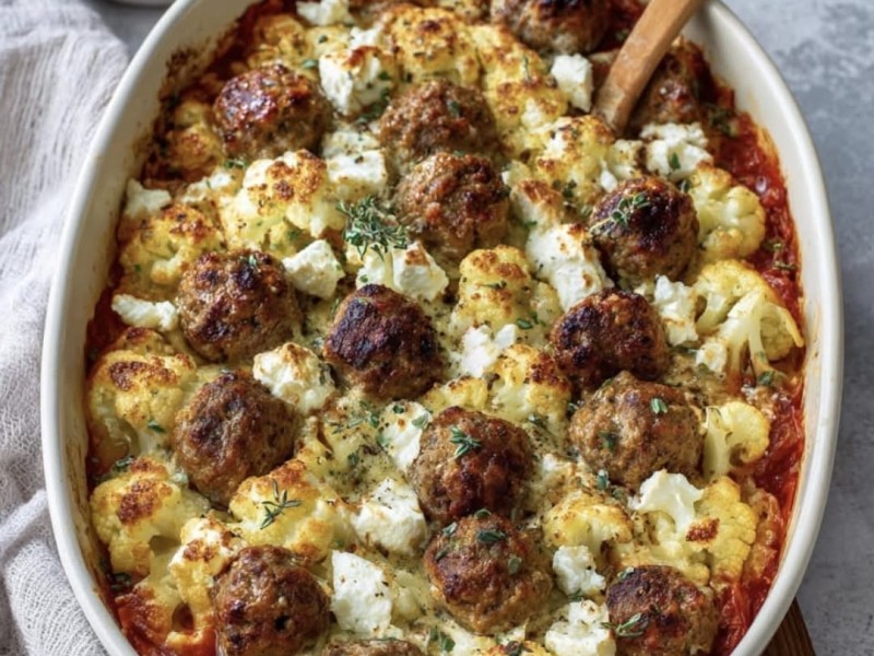Bloemkool-ovenschotel met Feta en Gehaktballetjes